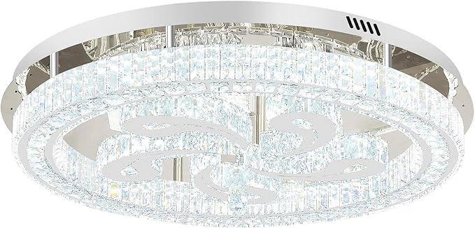 Modern Crystal Chandeliers for Dining Room Flush Mount Ceiling Chandelier for Living Room Dining Room Ring LED Crystal Ceiling Light (Round,32in Silver,Dimmable 2700K-6500K)