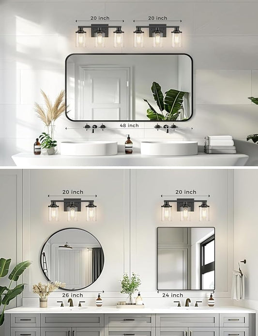 DORESshop 20 Inch Bathroom Light Fixtures, 3-Light Black Bathroom Lighting Fixtures Over Mirror with Clear Glass Shade, Vanity Lights for Bathroom Living Room Bedroom, ETL Listed