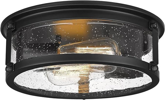 Black Flush Mount Ceiling Light, 2-Light Metal Cage Ceiling Light Fixture, Industrial Farmhouse Flush Mount Light with Seeded Glass Shade for Kitchen, Hallway, Bedroom (12 Inch)