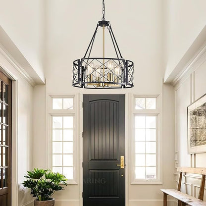 20'' Farmhouse Chandelier, 4-Light Black and Gold Dining Room Light Fixture Over Table, Rustic Industrial Drum Hanging Pendant Lights Fixture for Kitchen Island Living Room Bedroom Hallway Entryway