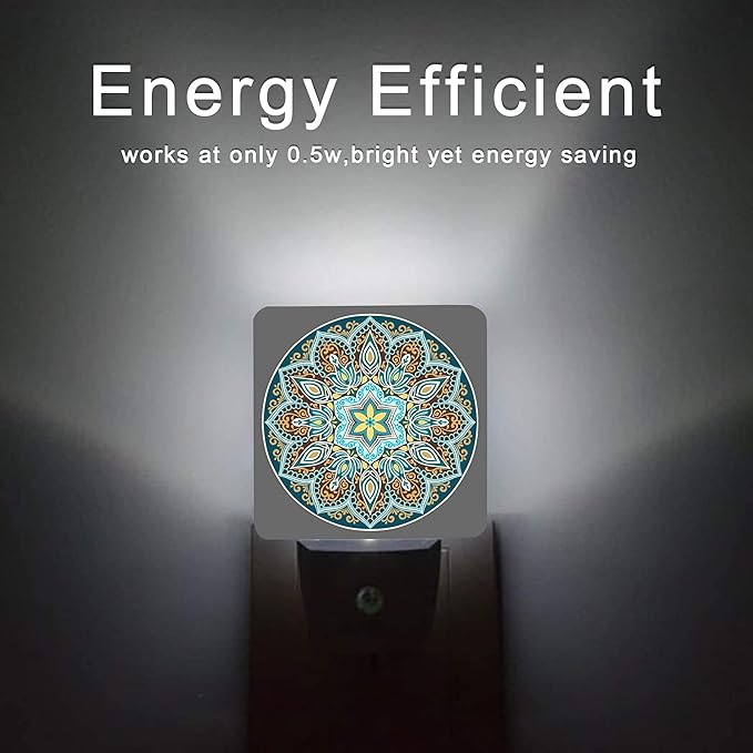 Mandala Floral Night Light,Yellow and Brown Ethnic Style Plug-in Night Lights with Dusk-to-Dawn Sensor for Stairway/Hallway/Bedroom Sleep Friendly lamp for Women/Girls/Boys Gift,0.5W