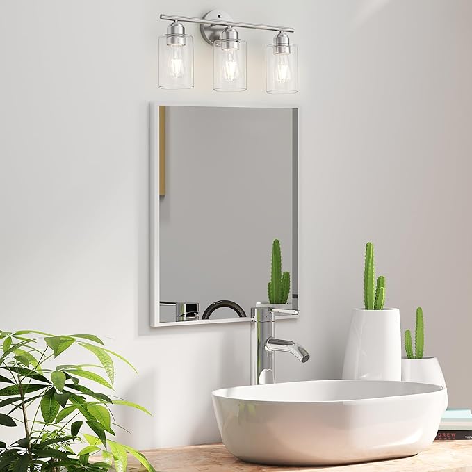 Bathroom Vanity Light Fixtures Brushed Nickel, 3 Lights Bathroom Over Mirror, UL Certified, Modern Wall Lighting Fixtures with Glass Shade, E26 Socket