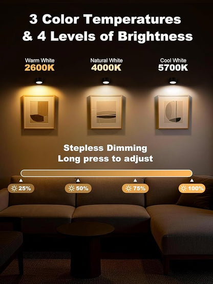 Smiling Shark Wireless Wall Lights, Rechargeable Wall Lights LED Set of 2 360° Rotate Magnetic 3 Color & 4 Brightness Stepless Dimming Adhesive Rechargeable Wall Sconces for Bedroom Bedside, Black