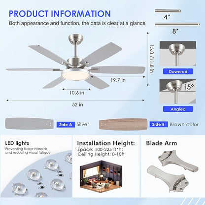Hounberi 52 Inch Ceiling Fans with Lights and Remote, Modern Brushed Nickel Ceiling Fan with Light, Reversible DC Motor, Dual-Sided 6 Blades, 3CCT, Dimmable LED Ceiling Fan for Living room, Bedroom