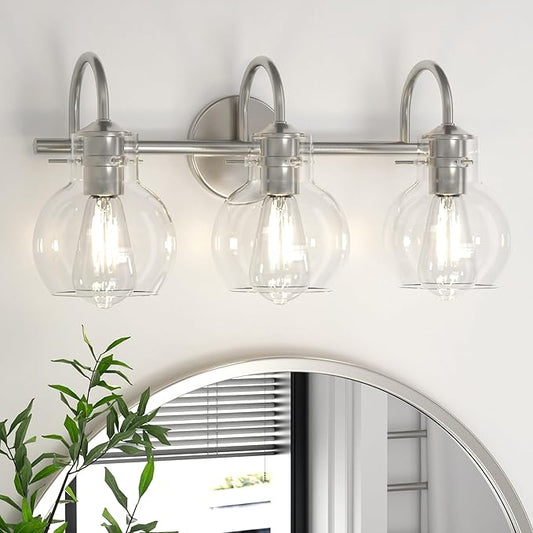 Bathroom Light Fixtures Brushed Nickel 3 Light Bathroom Lights Over Mirror with Clear Glass Shade Brushed Nickel Modern Wall Sconces Vanity Light for Bathroom UL Listed
