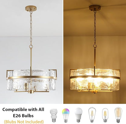 Modern Glass Chandelier,19.7" Gold Dining Room Light Fixtures Over Table Hanging Pendant Light Large Crystal Drum Chandelier for Entryway Foyer Living Room Kitchen Bedroom Bathroom,4-Light E26