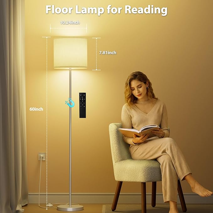 Keepsmile Dimmable Floor Lamps for LivingRoom with 12W LED Bulb, Foot Switch, Remote Custom Color Temperature Floor Light, Linen Shade Standing Lamps, Modern Tall Lamp for Office Bedroom-Silver