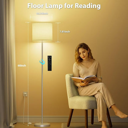 Keepsmile Dimmable Floor Lamps for LivingRoom with 12W LED Bulb, Foot Switch, Remote Custom Color Temperature Floor Light, Linen Shade Standing Lamps, Modern Tall Lamp for Office Bedroom-Silver