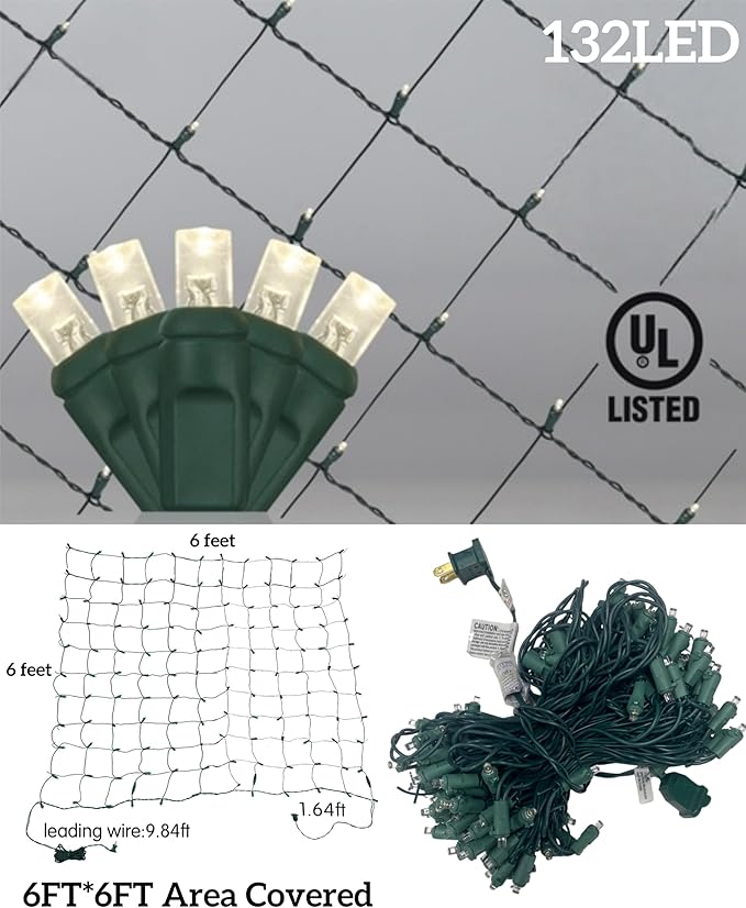 Led Christmas Net Lights for Bushes, 132LED 6FT x 6FT Connectable UL Certified Net Lights for Bushes Tree Shrubs Xmas Trunk Green Wire Christmas Decorations