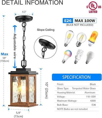 VIANIS Outdoor Pendant Light Fixtures, Wood Grain Outside Hanging Lights Lantern, Outdoor Ceiling Lights for Porch with Waterproof, Aluminum Porch Lights Ceiling with Water Ripple Glass