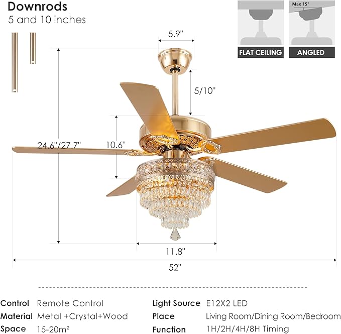 52“Crystal Ceiling Fan Fandelier with Lights - Modern Golden Crystal Chandelier Fans with Remote Control，Retro/Farmhouse Lighting, Dining Room,Living Room Ceiling Fan Light with Noiseless DC Motor