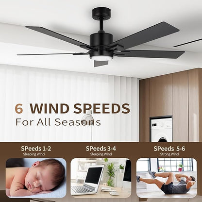 Ceiling Fan with Light for Bedroom: 52 Inch Modern Ceiling Fans with Dimmable Tri-Color Temperature LED - Quiet Reversible DC Motor - Indoor Outdoor Paito Sloped Roof Use (Matte Black)