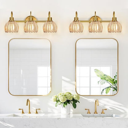 Bathroom Light Fixtures, 3-Light Brushed Gold Vanity Lights for Bathroom with Ribbed Amber Tulip Glass Shade, 20 in Bathroom Vanity Lights Over Mirror for Bedroom, Living Room, Hallway