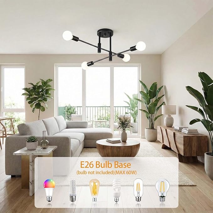 Modern Sputnik Chandelier 4-Light Adjustable Ceiling Light Fixture Black Semi Flush Mount Ceiling Lamp with E26 Base Industrial Ceiling Light for Dining Room Bedroom Foyer Hallway Living Room