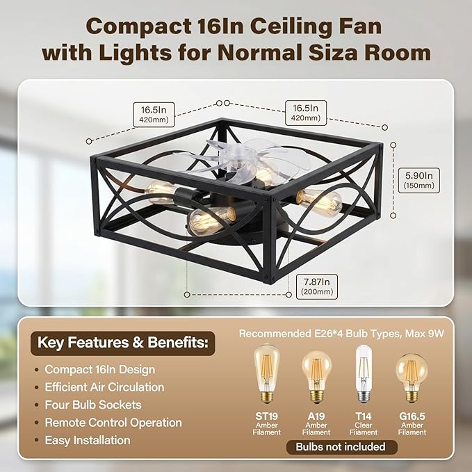 LIONVISON Caged Ceiling Fan with Lights: 16" Small Flush Mount Low Profile Fandelier with Remote DC Motor Reversible 6 Speeds Farmhouse Industrial Ceiling Fans for Bedroom Kitchen Black