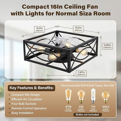 LIONVISON Caged Ceiling Fan with Lights: 16" Small Flush Mount Low Profile Fandelier with Remote DC Motor Reversible 6 Speeds Farmhouse Industrial Ceiling Fans for Bedroom Kitchen Black