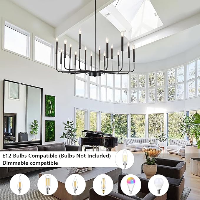 WOKNOS Modern Black Farmhouse Chandeliers, 16-Light Industrial Metal Chandelier Lighting, Classic Candle Hanging Pendant Light Fixtures for Kitchen Island, Living Room, Dining Room, Stair