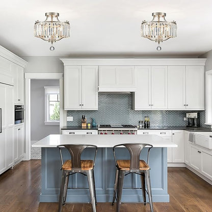 Brushed Nickel Crystal Semi Flush Mount Ceiling Light Fixture Modern Farmhouse Small Chandelier 3-Light Round Crystal Mini Chandelier for Dining Room Entryway Hallway Kitchen Bedroom Foyer