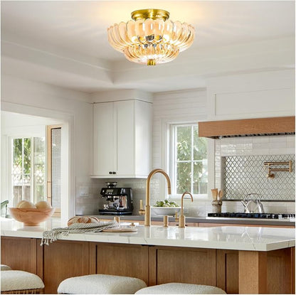 Semi Flush Mount Ceiling Light Fixture Vinatge Gold Ceiling Lights Mid Century Modern Glass Close to Ceiling Lighting Fixtures for Bedroom Hallway Foyer Bathroom Kitchen Laundry Room Nursery
