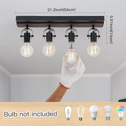 Farmhouse Wood Flush Mount Ceiling Light,Black Kitchen Track Lighting Fixtures Ceiling with Rotatable Light Heads,4 Light Track Lighting for Kitchen, Living Room, Bedroom.
