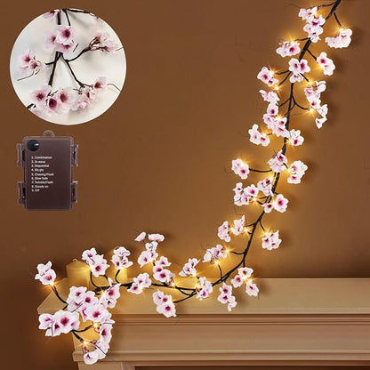 Uieke Lighted Cherry Blossom Garland with Timer 48 LED Fairy Lights 6FT for Mantle, Artificial Flower Vines with Lights 8 Modes Battery Operated Home Fireplace Wedding Party Room Decor