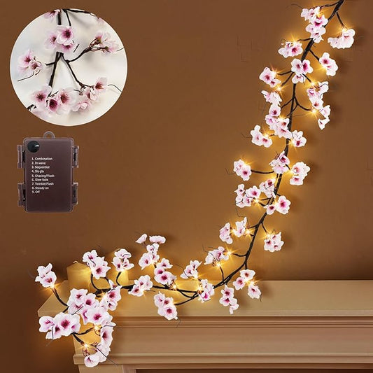 Uieke Lighted Cherry Blossom Garland with Timer 48 LED Fairy Lights 6FT for Mantle, Artificial Flower Vines with Lights 8 Modes Battery Operated Home Fireplace Wedding Party Room Decor