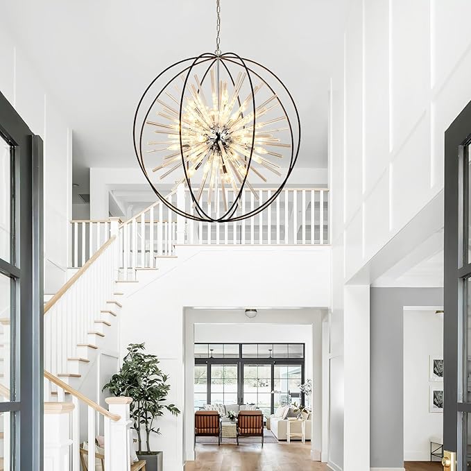 Vezzio 35 inch Large Black Crystal Chandelier Modern Globe Chandeliers for High Ceilings 20-Light Round Chandelier for Foyer Entryway Stairway Dining Room Hallway