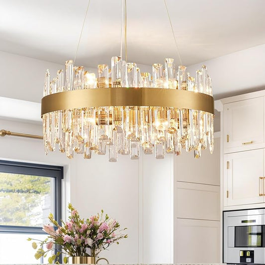 Modern Crystal Chandelier, 12 Lights Luxury Gold Round 2-Tiers K9 Crystal Raindrop Chandelier, Dimmable Crystal Ceiling Light for Dining Room Living Room Kitchen Entryway Foyer D19.7''