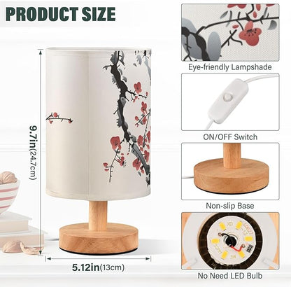 Bedside Table Lamp Japanese Cherry Blossom Nightstand Lamp with Wood Wintersweet Bird Vinter Floral Desk Lamps for Bedroom Living Room Nursery Office Home Decor