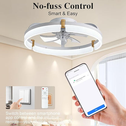 Smart Ceiling Fans with Lights Remote - 20'' WiFi Alexa Flush Mount Low Profile Modern Ceiling Fans for Bedroom - Stepless Color Temperature and 6 Speeds - White