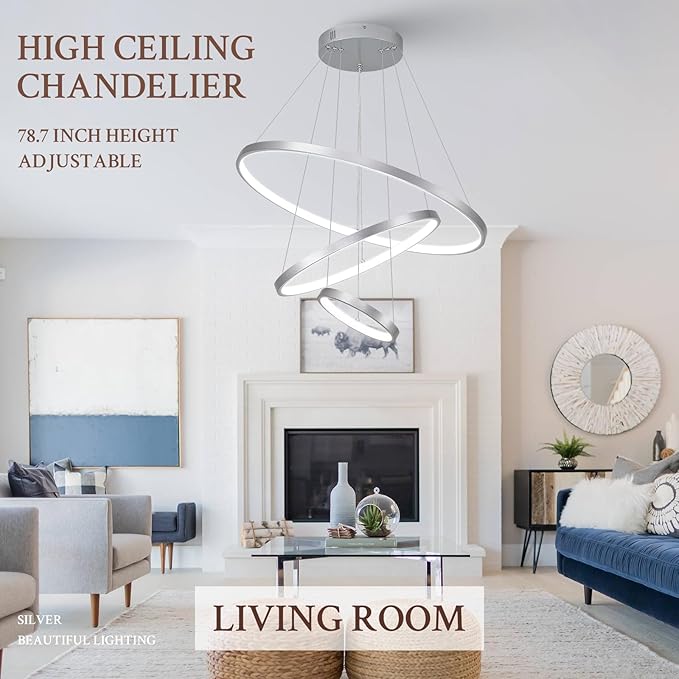 3 Ring Modern LED Chandelier Silver Dimmable Round Chandeliers, LED Circular Pendant Light Fixture with Remote Control for Living Room, Dining Room, Office, Entry, Bedroom