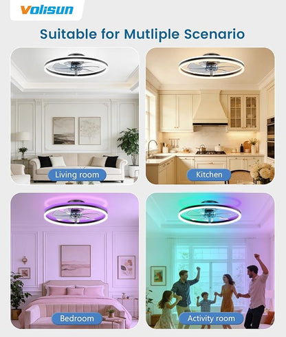 VOLISUN RGB Ceiling Fan with Lights and Remote, 23.6in Low Profile Ceiling Fan Flush Mount, 3000K-6500K Dimmable Fandelier LED Fan Light, Black Bladeless Ceilings Fans for Bedroom