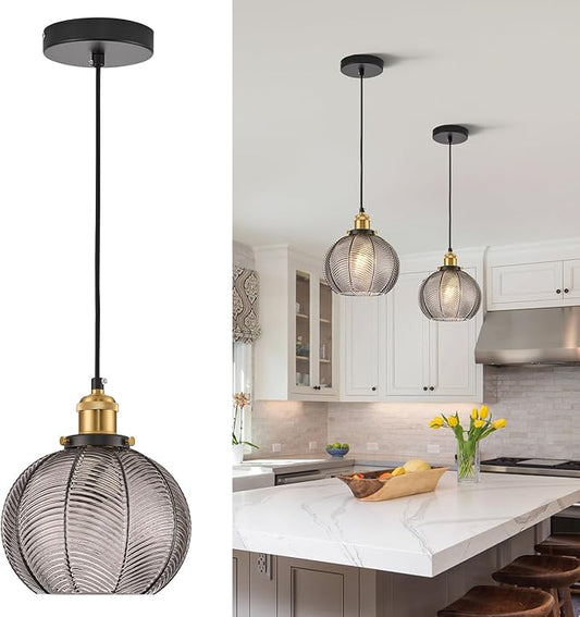 7.8in Vintage Pendant Light 1- Light Kitchen Sink Pendant Lights with Smoke Gray Hand Blown Glass Small Hanging Lamp for Kitchen Island Dining Room Bedroom Bathroom Hallway E26