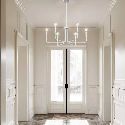 DORESshop Modern Chandelier for Dining Room, 6-Light 28" White Farmhouse Chandelier for Dining Room, Dining Light Fixtures Over Table, Industrial Modern Light for Bedroom Hall Kitchen Living Room