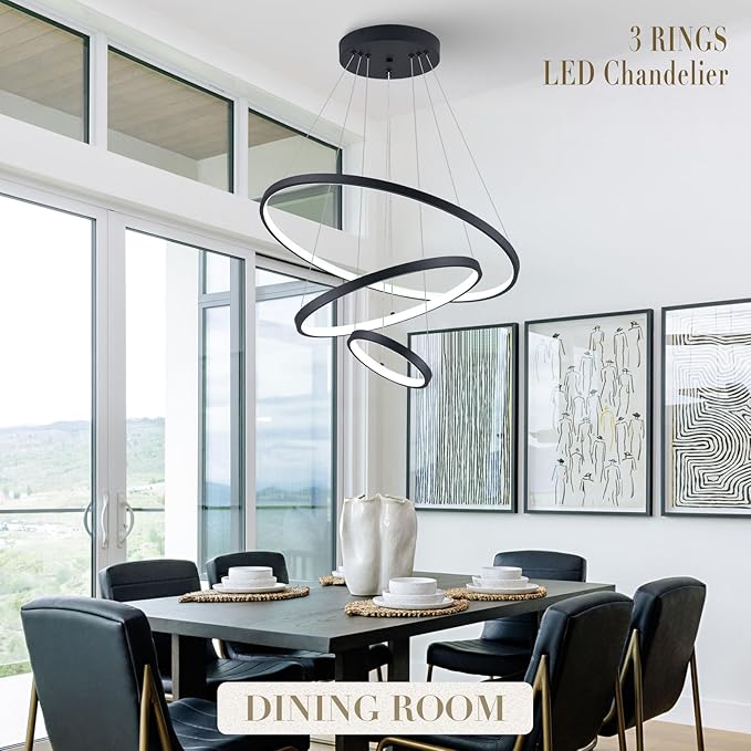 Modern LED Chandeliers 3 Rings Black Chandelier Dimmable LED Pendant Light Fixture Remote Control Contemporary Flush Mount Chandelier for Dining Room Bedroom Foyer, 3000-6500K