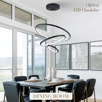 Modern LED Chandeliers 3 Rings Black Chandelier Dimmable LED Pendant Light Fixture Remote Control Contemporary Flush Mount Chandelier for Dining Room Bedroom Foyer, 3000-6500K