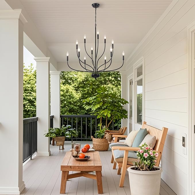 12-Light Black Chandelier for Dining Room, 34 Inch Large Farmhouse Chandeliers for High Ceilings, Foyer Industrial Modern Pendant Light Fixture for Living Room Entryway Hallway Kitchen Island Lights