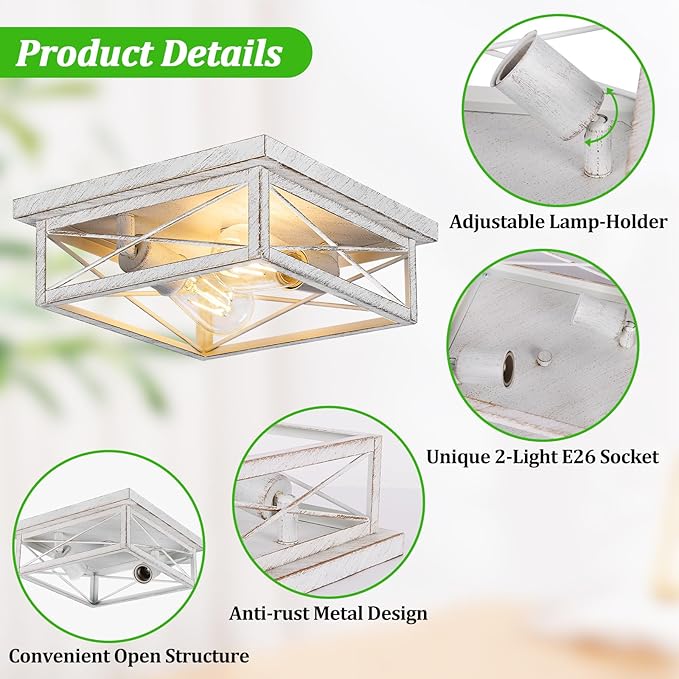 Kondras Antique White Hallway Light Fixture, 2-Light Farmhouse Flush Mount Ceiling Lighting, 1-Pack Metal Kitchen Lighting Fixture, Square Close to Ceiling Lamp for Bedroom Living Room Entryway