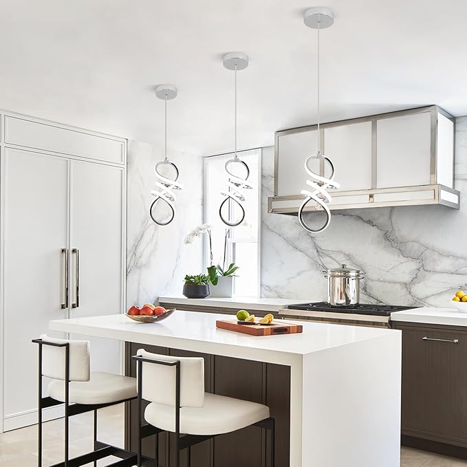 EIDISUNY Modern Led Pendant Light Fixture, 15W Chrome Spiral Pendant Light Kitchen Island, 4500K Daylight White Pendant Lamp, Adjustable Height Chandelier for Kitchen Dining Room Bedroom (Chrome)