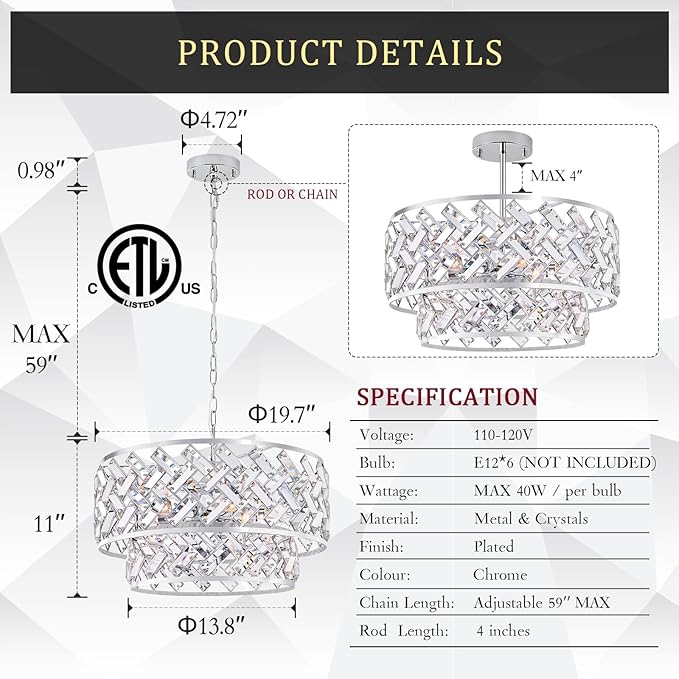 20'' Modern 6-Light Chrome Crystal Pendant Chandelier, Luxury Round Semi Flush Mount Ceiling Light for Living Room, Dining Room, Kitchen, Foyer, Bedroom