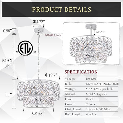 20'' Modern 6-Light Chrome Crystal Pendant Chandelier, Luxury Round Semi Flush Mount Ceiling Light for Living Room, Dining Room, Kitchen, Foyer, Bedroom
