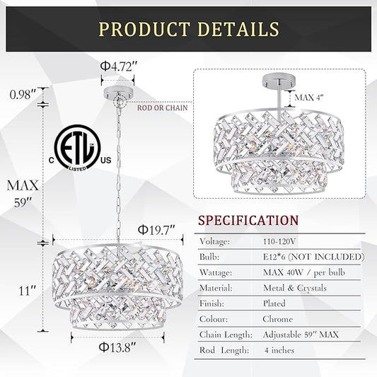 20'' Modern 6-Light Chrome Crystal Pendant Chandelier, Luxury Round Semi Flush Mount Ceiling Light for Living Room, Dining Room, Kitchen, Foyer, Bedroom