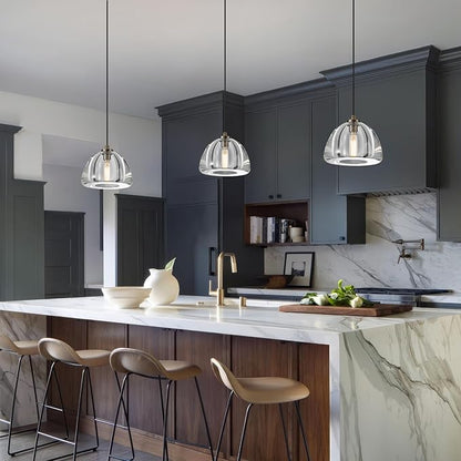 Crystal Pendant Light Kitchen Island: Set of 2 Vintage Brass Hanging Lights above Dining Table - 7" K9 Crystals Lighting over Kitchen Sink - Luxury Cylinder Pendants Light Fixtures Bulbs Included