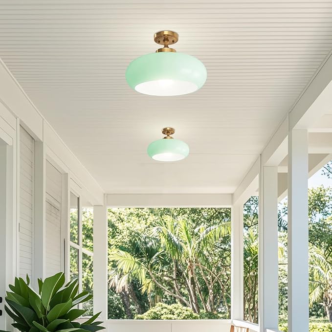 Mint Green Ceiling Light, Gold Hallway Light Scandinavian Flush Mount with Glass Shade, Vintage Flush Ceiling Light for Living Room Bedroom, Bathroom Lighting Fixture