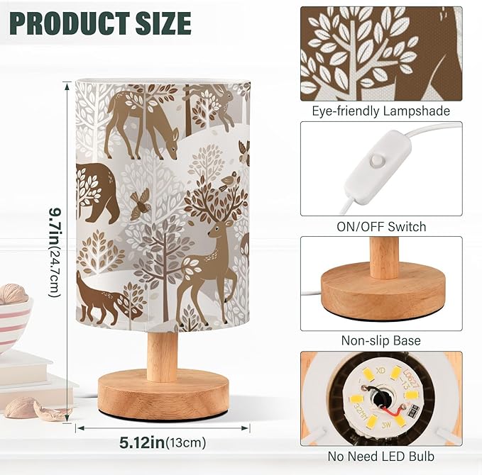 Bedside Table Lamp Woodland Animals Nightstand Lamp with Wood Owl Deer Buuny Bear Trees Leaves Desk Lamps for Bedroom Living Room Nursery Office Home Decor