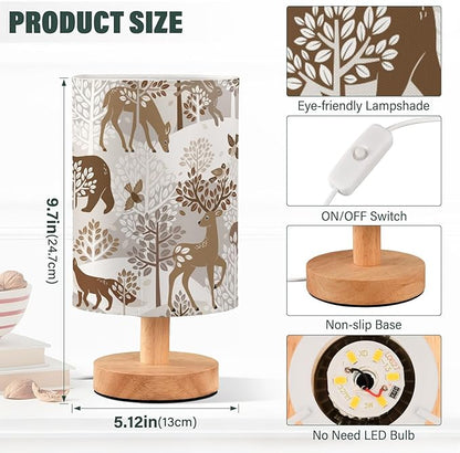 Bedside Table Lamp Woodland Animals Nightstand Lamp with Wood Owl Deer Buuny Bear Trees Leaves Desk Lamps for Bedroom Living Room Nursery Office Home Decor