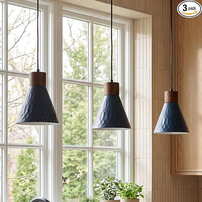 Farmhouse Pendant Lights for Kitchen Island, Modern Blue and Wood Dome Pendant Light Fixtures, Industrial Hanging Pendant Lighting for Dining Room Foyer Cafe Kitchen Sink, 3 Pack