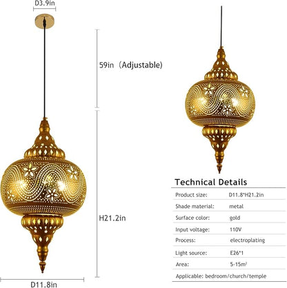 Moroccan Pendant Light - Turkish Gold Vintage Chandelier - Iron Porous Arabic Wall Light - Plug-in Ceiling Hanging Light for Kitchen Island, Restaurant, Hallway, Foyer