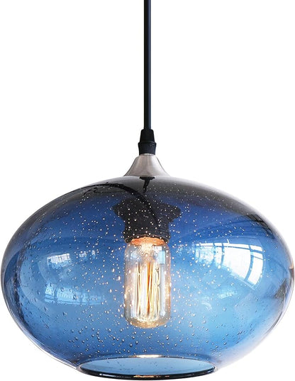 Pendant Lighting for Kitchen Island Blue Glass Modern Hanging Light Fixtures Seeded Bubble Over Sink 9.4 Inch Diam