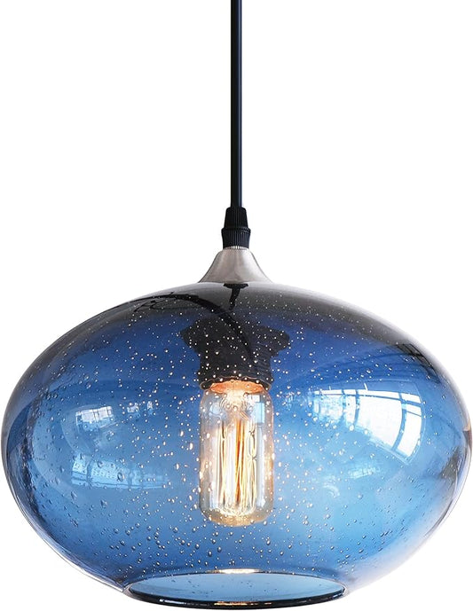 Pendant Lighting for Kitchen Island Blue Glass Modern Hanging Light Fixtures Seeded Bubble Over Sink 9.4 Inch Diam